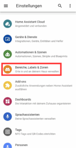 Bereiche, Labels und Zonen in den Homd Assistant Einstellungen