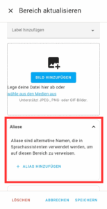 Alias in der Bereich-Einstellung von Home Assistant