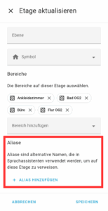 Alias Bezeichnungen in den Etage Einstellungen von Home Assistant