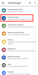 Geräte und Dienste in den Home Assistant Einstellungen