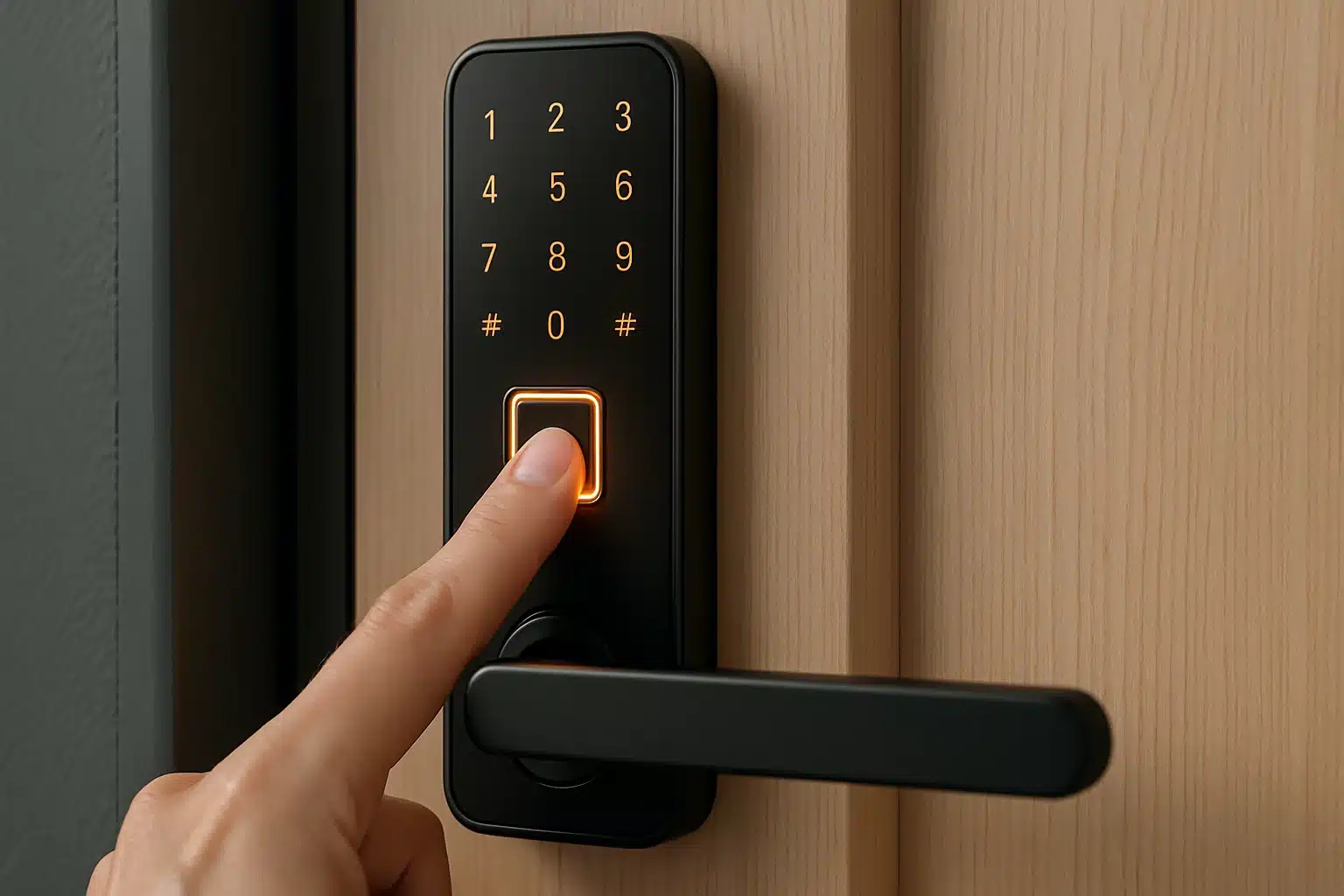 Dreame NAVO Smart Lock E10 mit integriertem Keypad und Fingerabdrucksensor an der Haustür (KI-generiertes Bild)