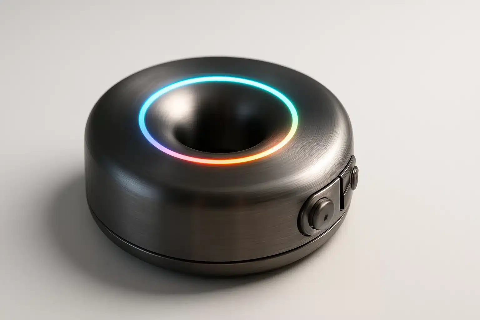 OpenAI ChatGPT Donut Speaker: Donut-förmiger Lautsprecher aus Metall mit LED-Lichtern und beweglichen Teilen (KI-generiertes Bild)
