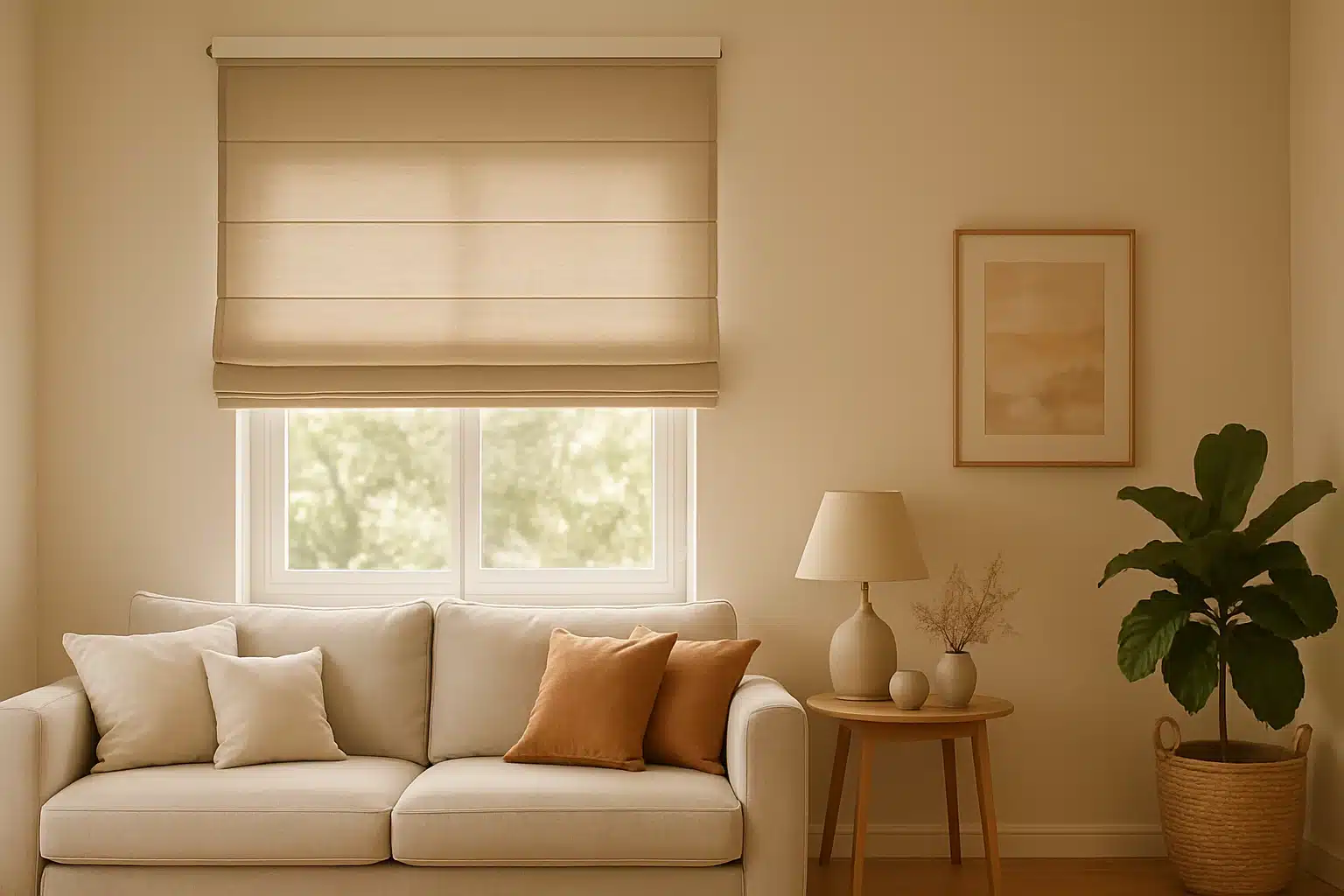 Graywind Roman Shades mit Matter-Motor an einem Wohnzimmerfenster (KI-generiertes Bild)
